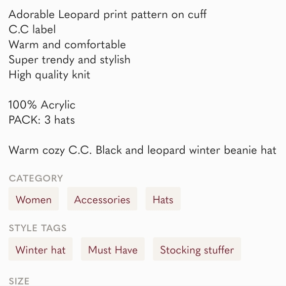 Warm and cozy C.C. black with leopard print winter beanie hat. - Picture 8 of 8